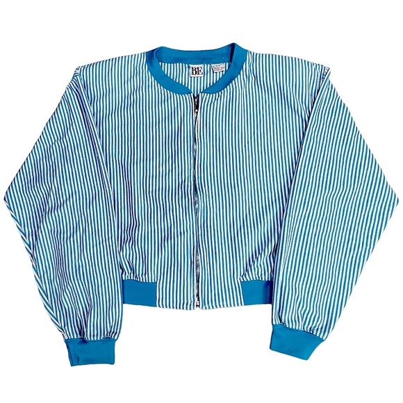 BE Basic Essentials size large VINTAGE zip jacket shoulder pads blue stripes EUC - Picture 2 of 14